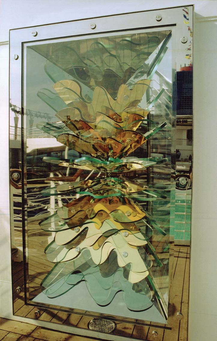 Stainless steel, glass and light, decorative panel for Royal Caribbean Cruise Line. Designers: Simon Moss/Peter Layton Associates